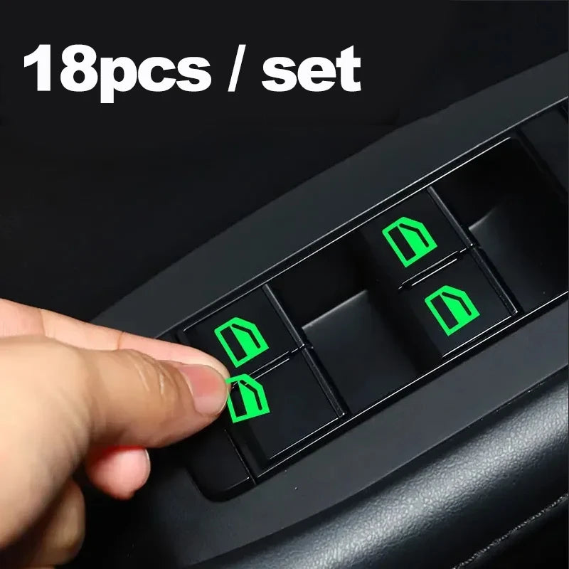 18Pcs/set Luminous Car Window Button Sticker Car Door Window Lift Button Stickers Night Fluorescent Decals Car Interior Sticker