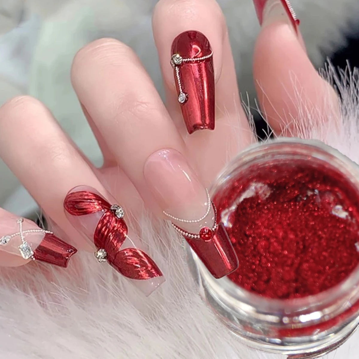 1 Jar Mirror Red Chrome Nail Glitters Powder Metallic Effect Pigment New Year Series Rubbing Dust Valentine Manicure Decor Flash