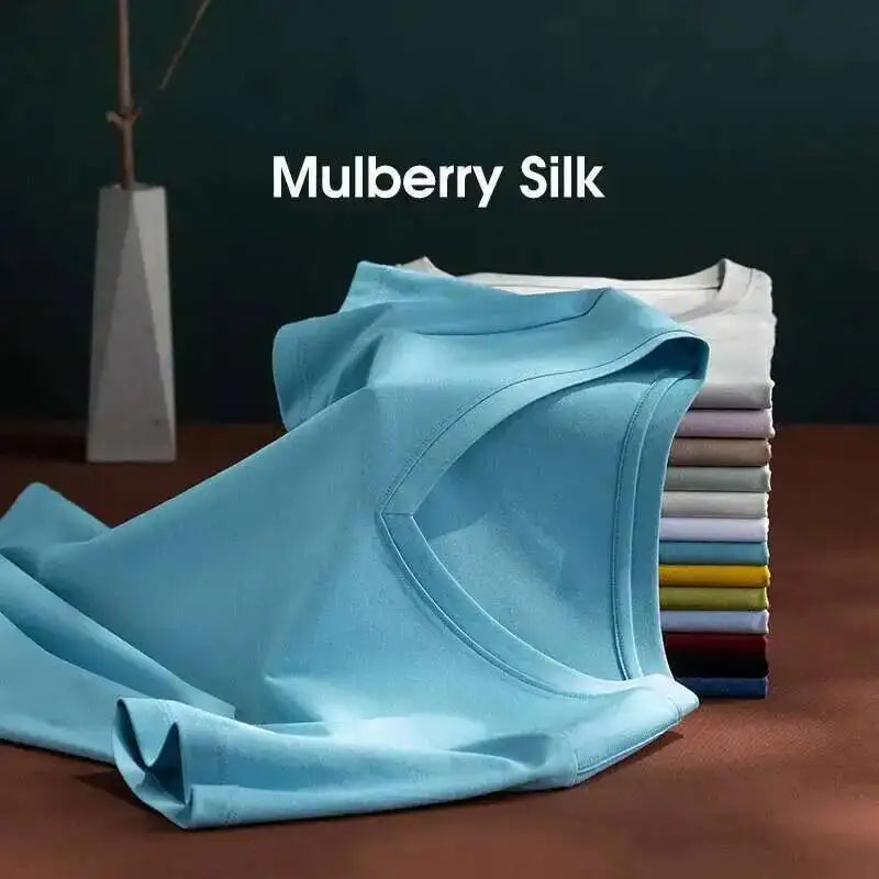 Women's Luxury Mulberry Silk Cotton T-Shirt – Loose Round Neck Short Sleeve Solid Basic Top