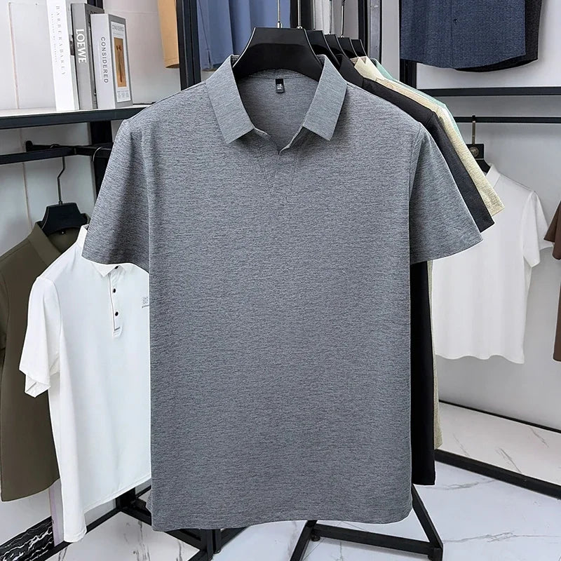 Men's Heather Knit Polo Tee - V-Open Lapel, Anti-Wrinkle Stretch