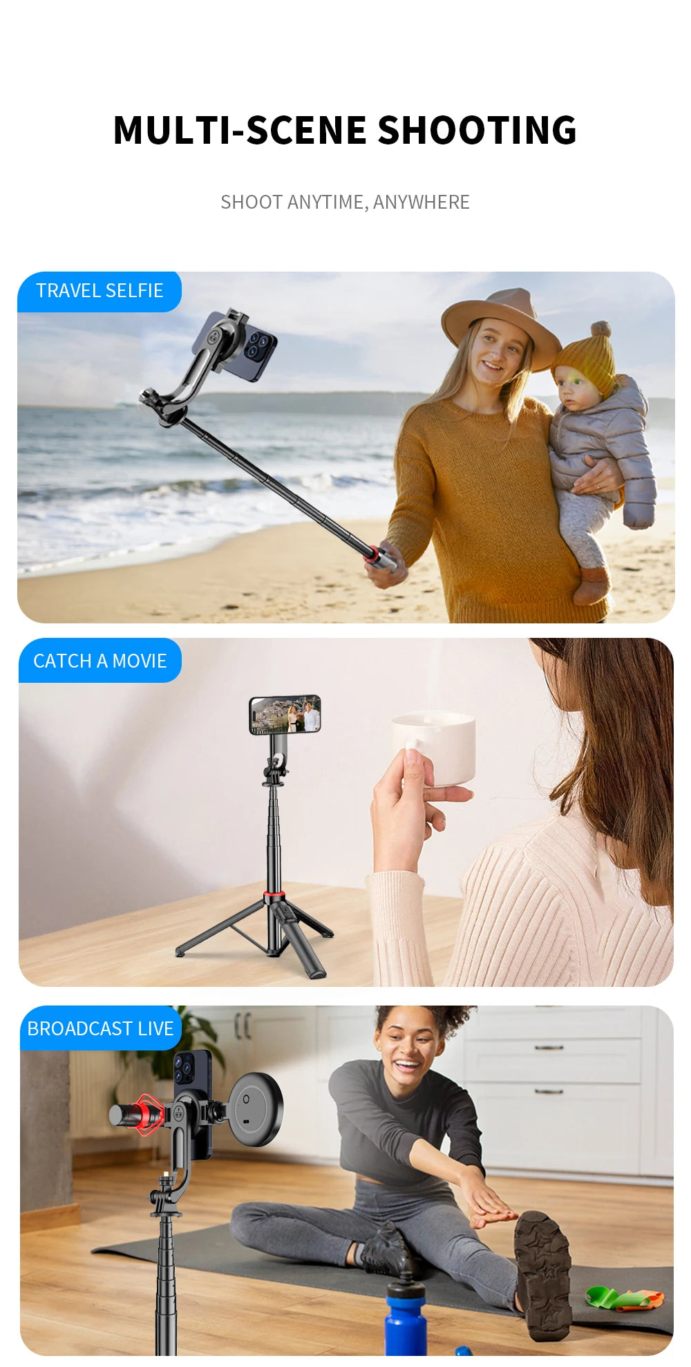 Magnetic Selfie Stick Tripod for iPhone 12-16 Pro Max Travel Stand with Magsafe Phone Clamp for Android Smartphone