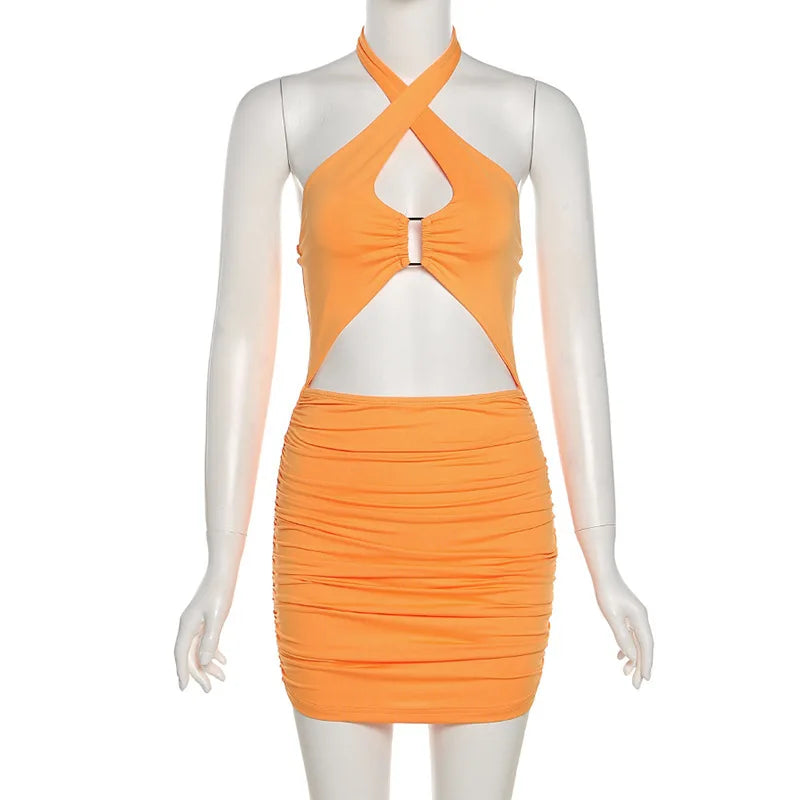 TYFYO Sexy Halter Bodycon Mini Dress – Hollow-Out Waist Backless Cross Strap Sleeveless Club Party Dress | S/M/L | 3 Colors