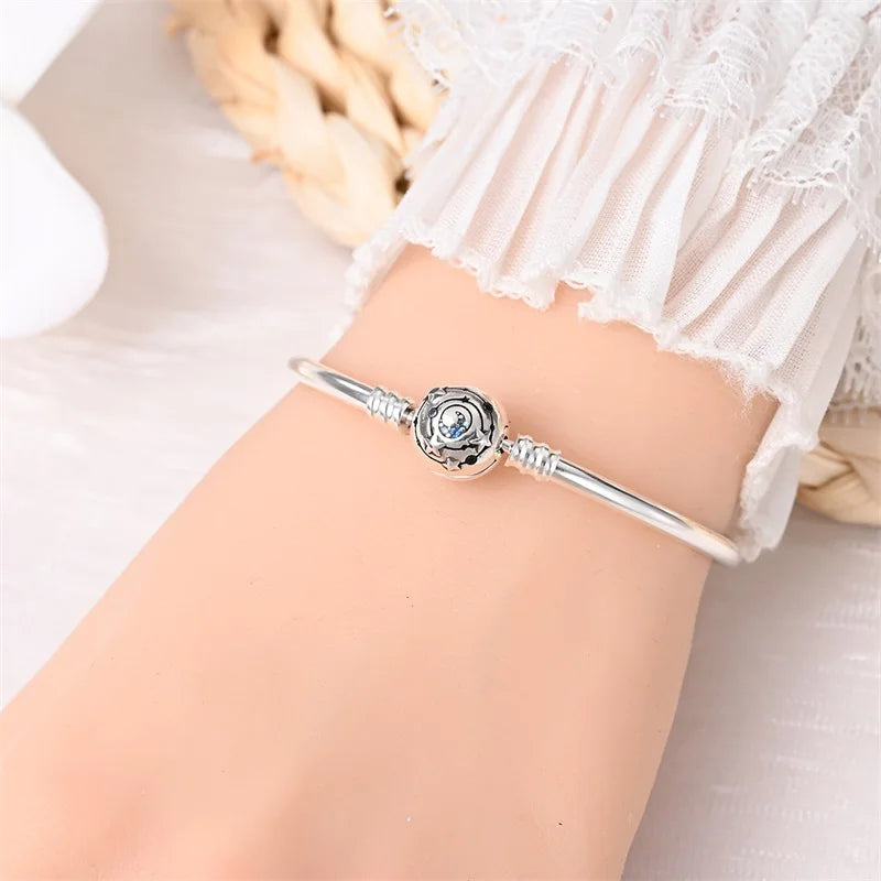 925 Sterling Silver Charm Bracelet – Star Moon Sun Four Leaf Clover Zircon | DIY Birthday Gift for Women (17-20cm)