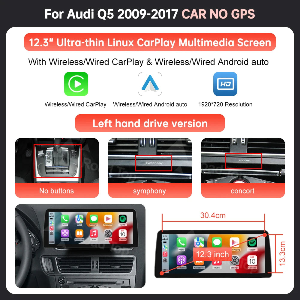 Wireless CarPlay & Android Auto Display Screen, Compatible with Audi Q5 (2009-2017)