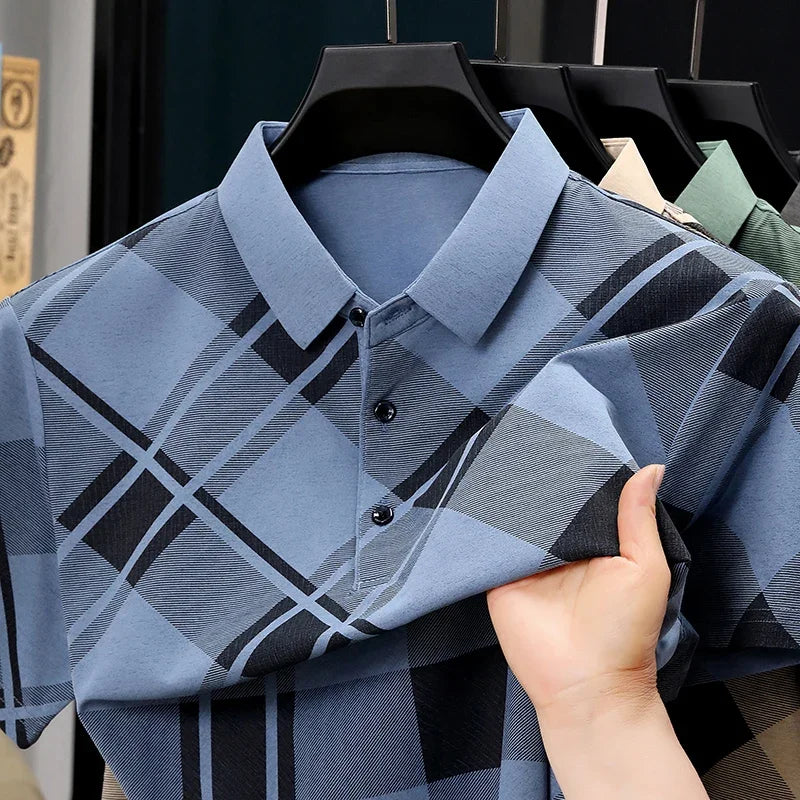 Men's Retro Plaid Polo - Woven Wrinkle-Resistant, Two-Button Lapel