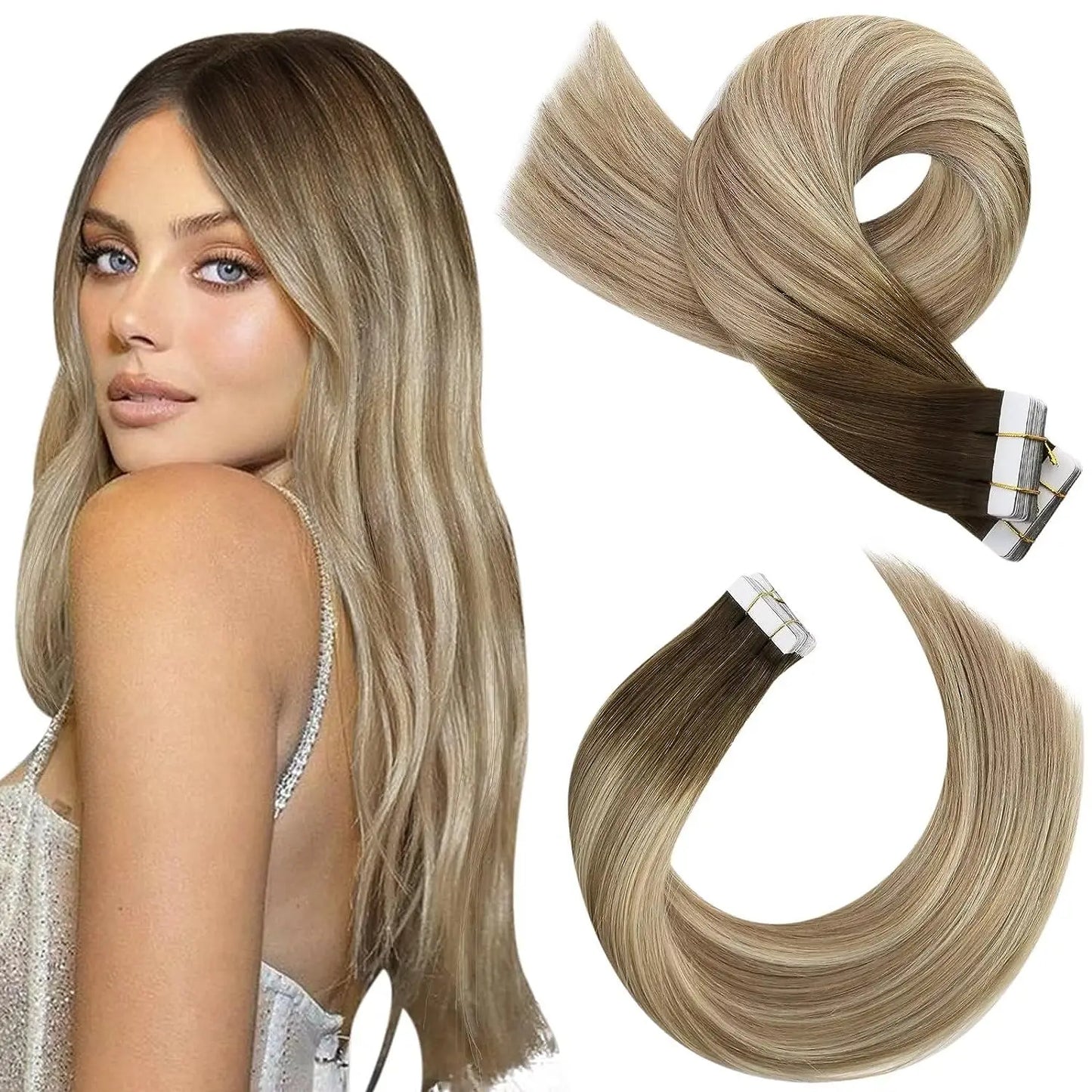Moresoo Tape in Human Hair Extensions Balayage Blonde Hair Remy Hair Natural Soft Skin Weft Straight Seamless Hair Tape in Hair