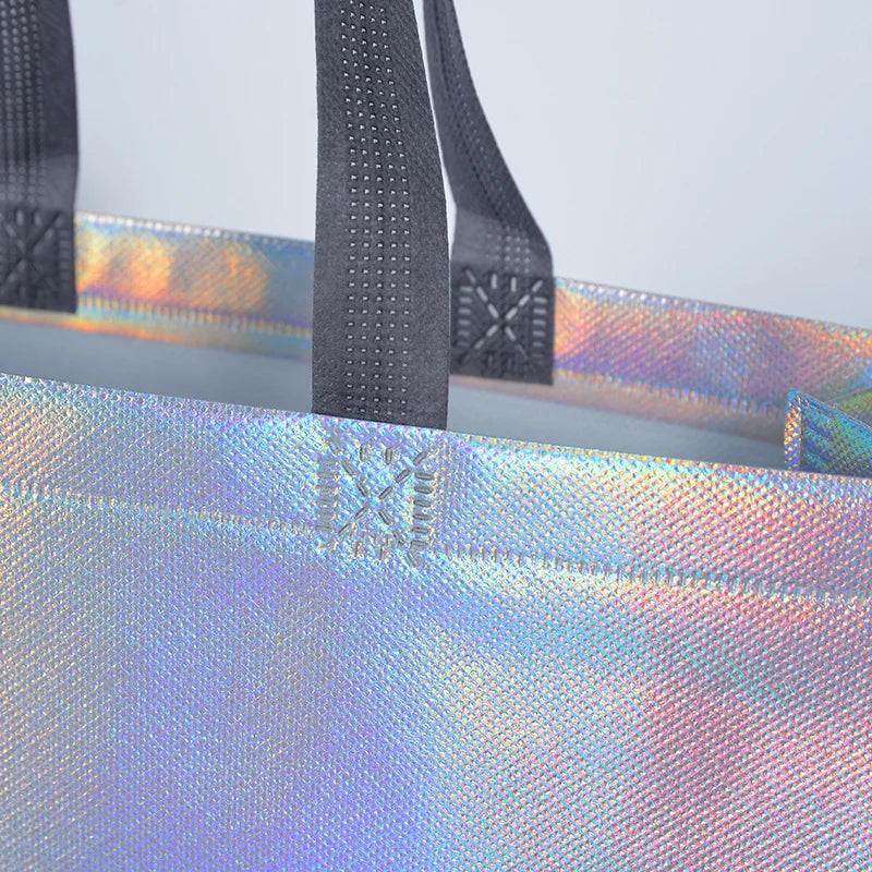 10Pcs Reusable Silver Laser Tote Bag Durable Non Woven Gift Shopping Bag for Wedding Bridesmaid Party Birthday Eco Friendly