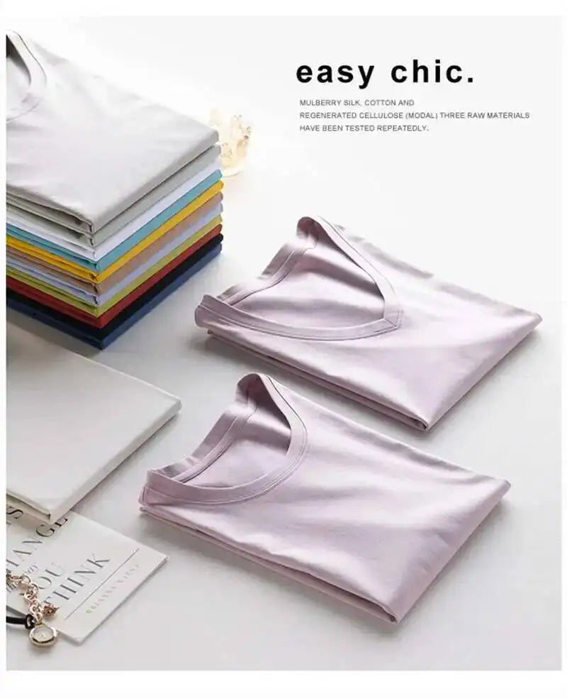 Women's Luxury Mulberry Silk Cotton T-Shirt – Loose Round Neck Short Sleeve Solid Basic Top