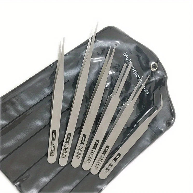 6Pcs/Set Stainless Steel Tweezers: Industrial Precision Repair Tool with Bent&Straight Tips, Ideal for Professional Repairs&DIY