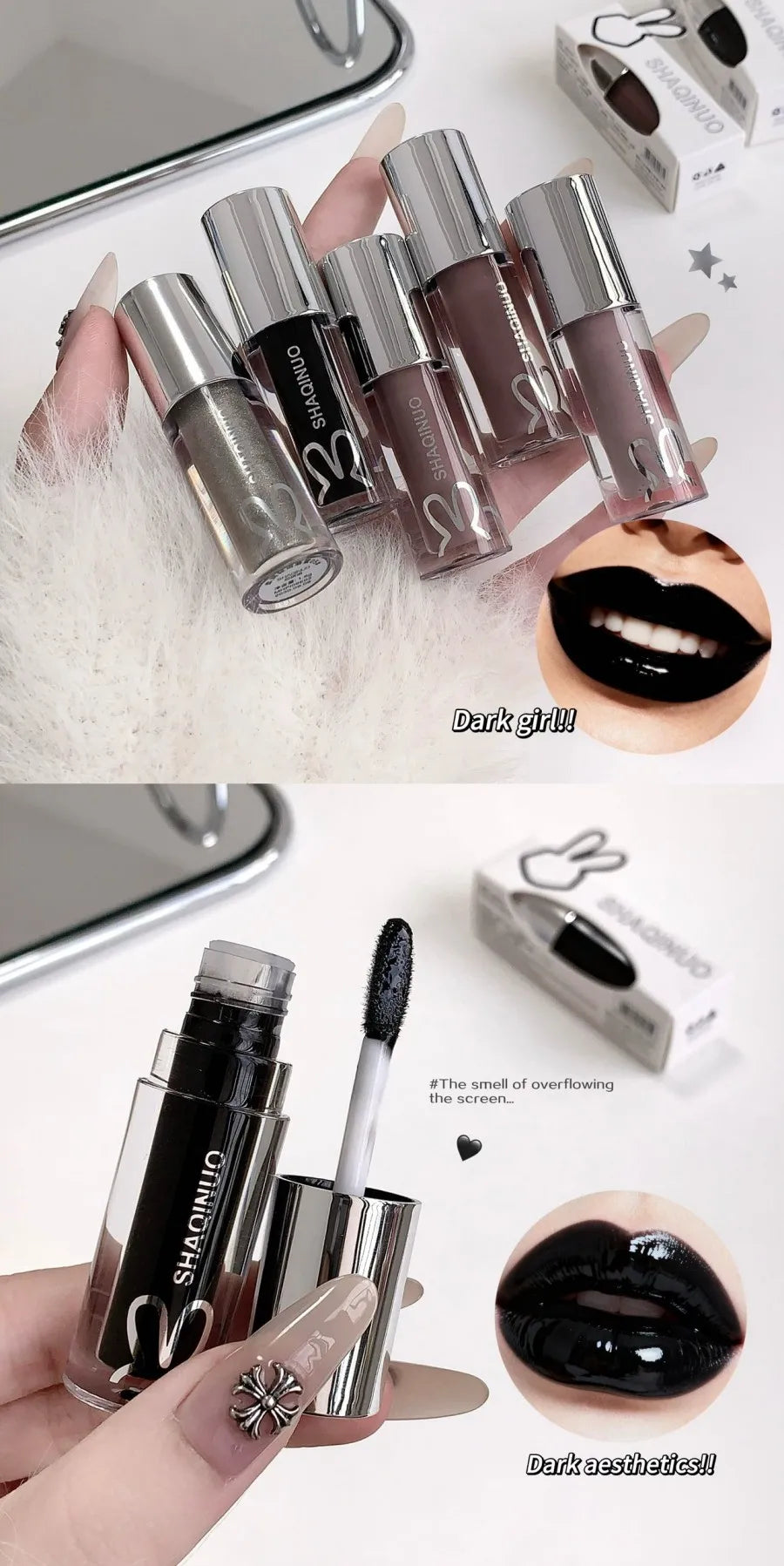 SHAQINUO Water Light Mirror Lip Gloss Lasting Moisturizing Cool Black Silver Gray Pearlescent Fine Sparkling Lipstick Lip Oil