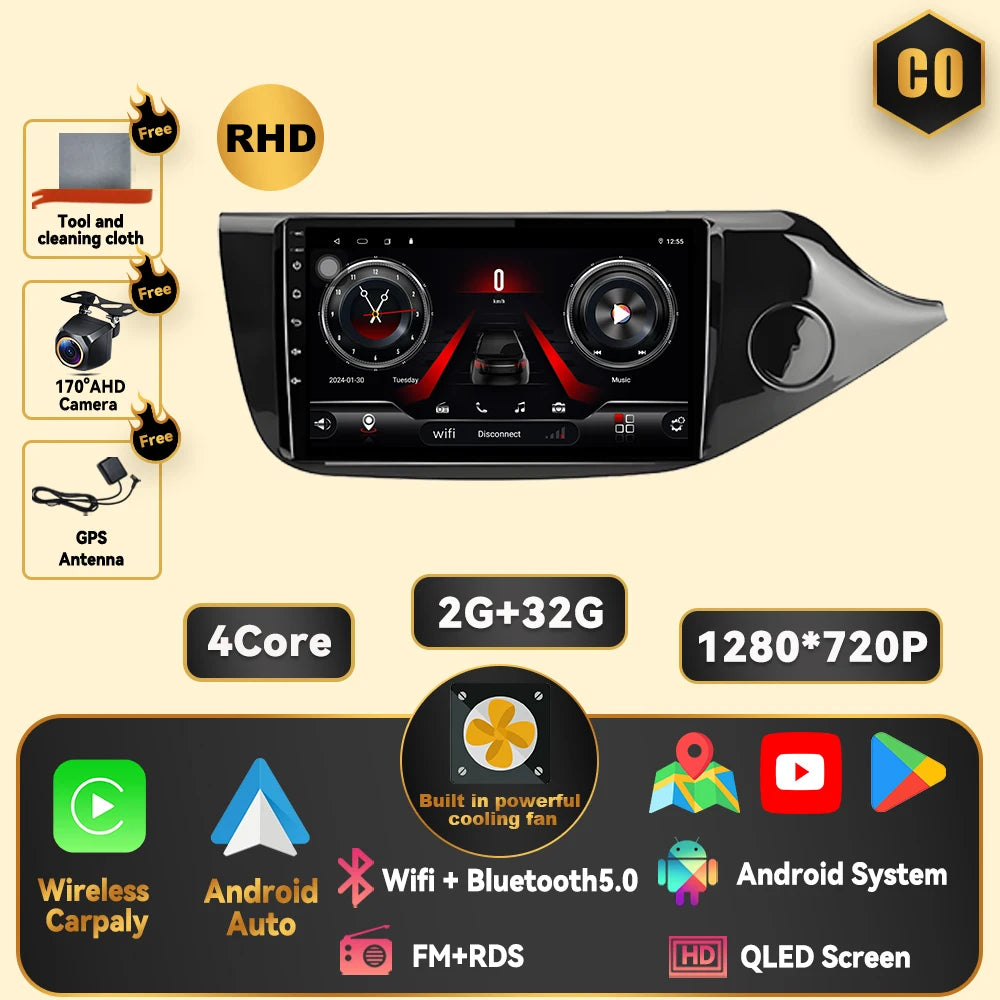 Android 15 Carplay For Kia CEED 2 JD 2012 - 2018 Car Radio Stereo Multimidia Player GPS Bluetooth DSP 2din Stereo QLED Screen