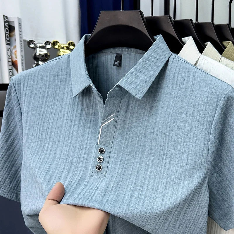 Men's Vertical-Stripe Polo - Soft Breathable, Three-Button Lapel