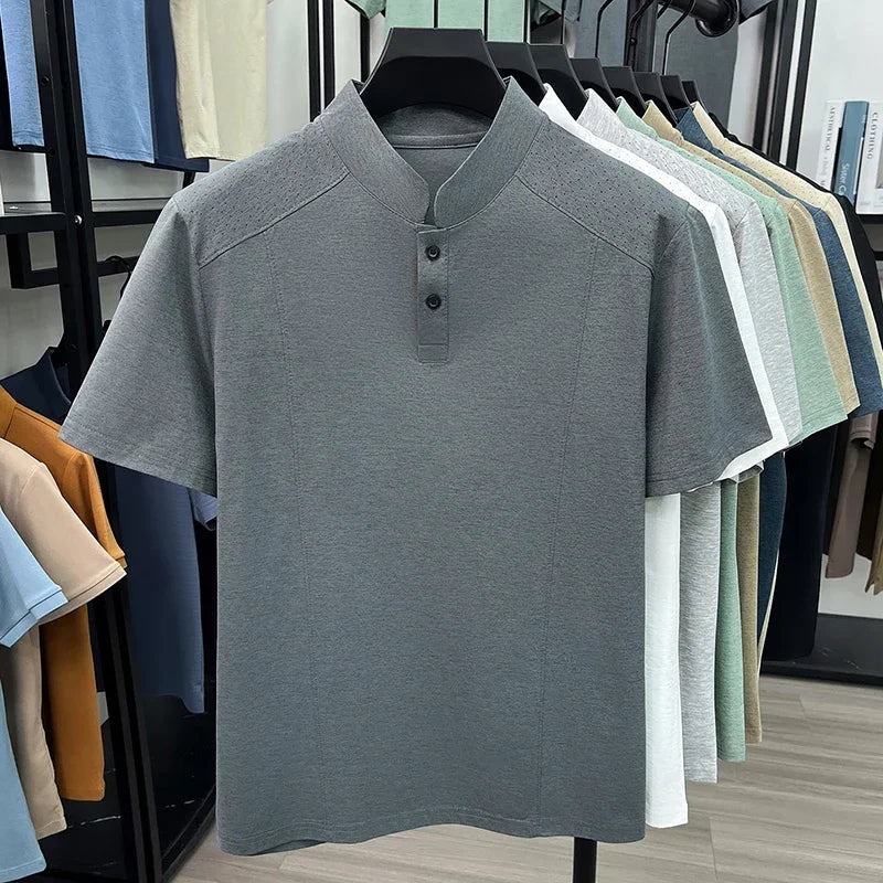 Men's Mandarin Henley Tee - Hollow-Grain Shoulder, Cool Lightweight