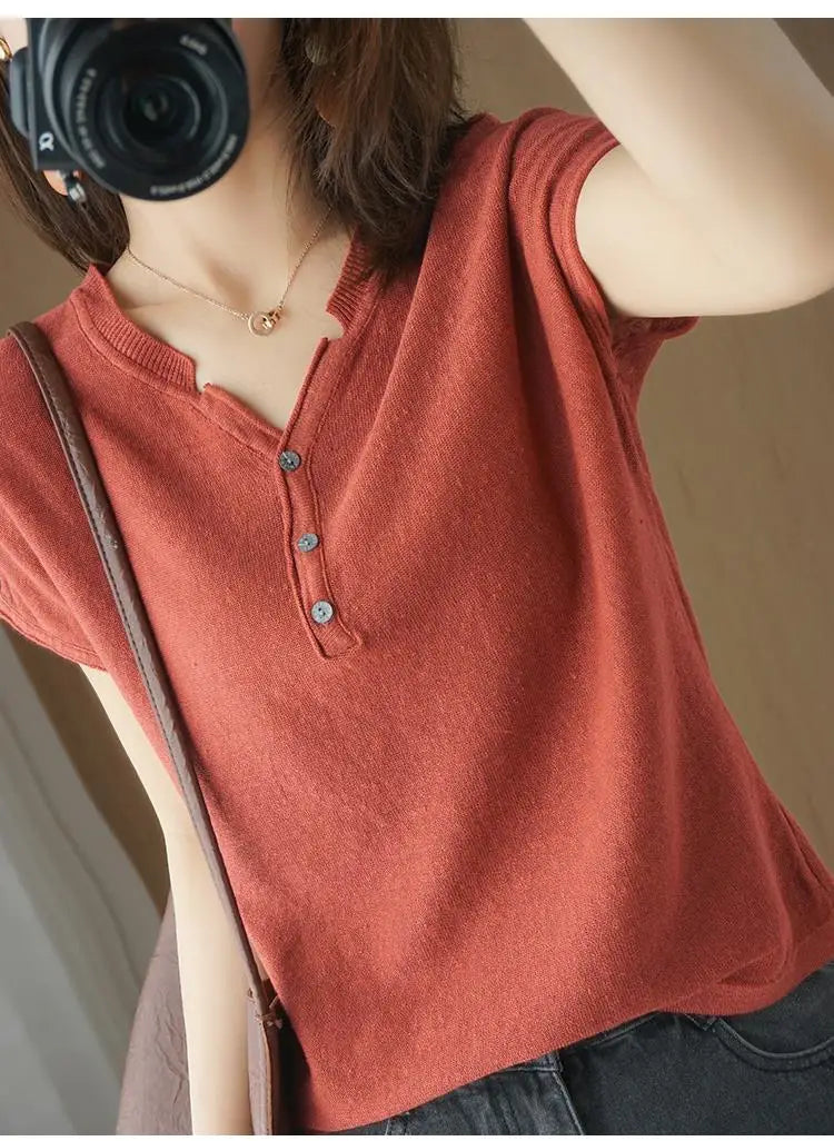 Summer 100% pure cotton women's T-shirt V-neck knitted short sleeved loose Tees solid color pullover button Tops basic versatile