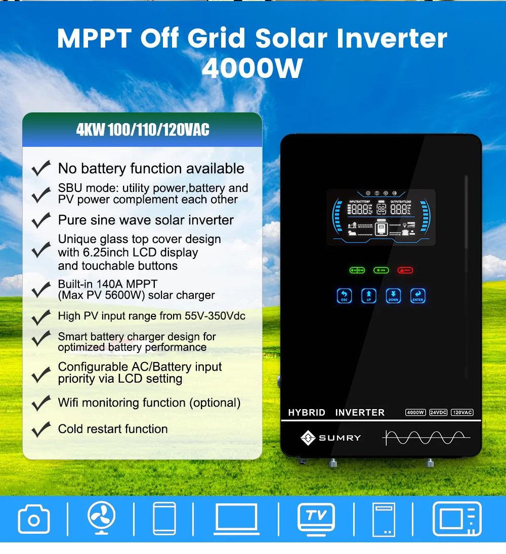 SUMRY 4KW 6KW 120V Off Grid Solar Inverter 24V 140A 5600W MPPT Charger Pure Sine Wave Home Inverter 6.25 Inch LCD Display