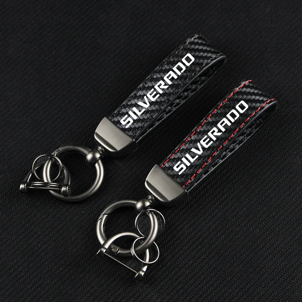 Carbon Fiber Leather Car Keychain Key Chain Pendant Keyring Horseshoe Buckle for SILVERADO SONIC SPARK SS Auto Accessories