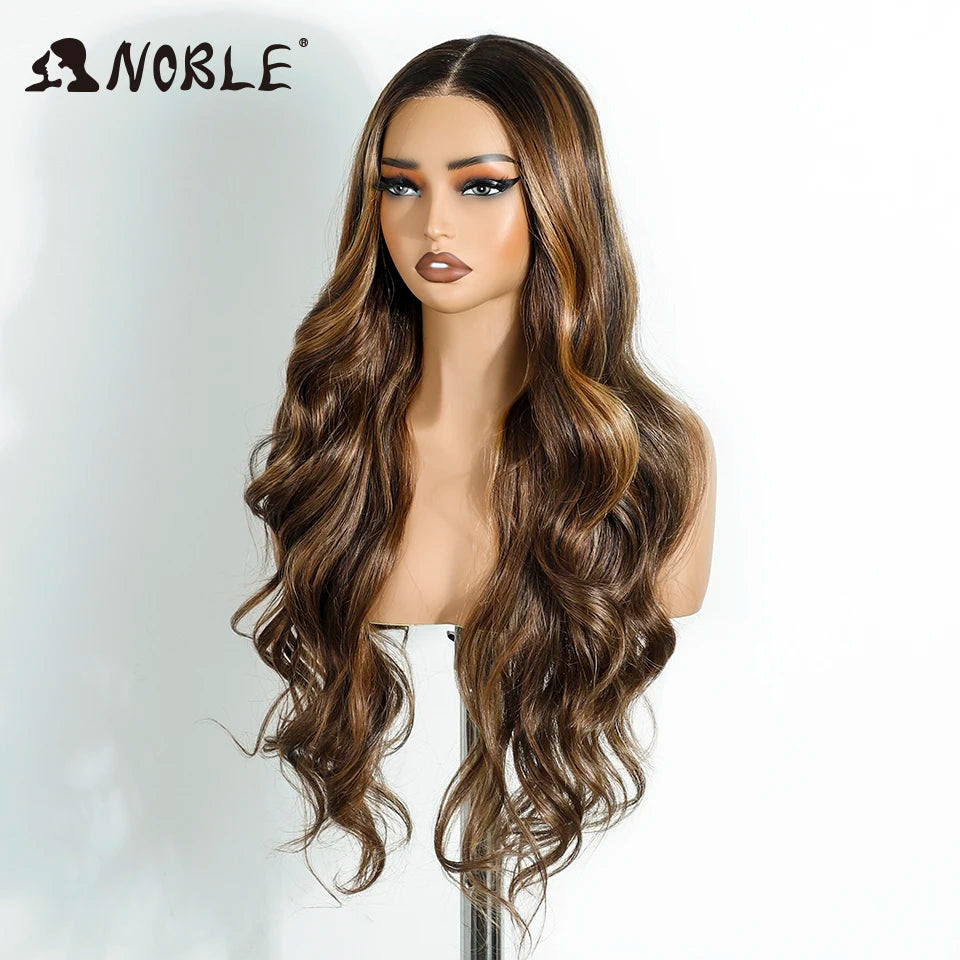 Noble Synthetic Lace Front Wigs For Woman Long Body Wave Wear and Go Glueless Wig Ombre Brown 6x4 Pre Plucked Pre Cut Lace Wig
