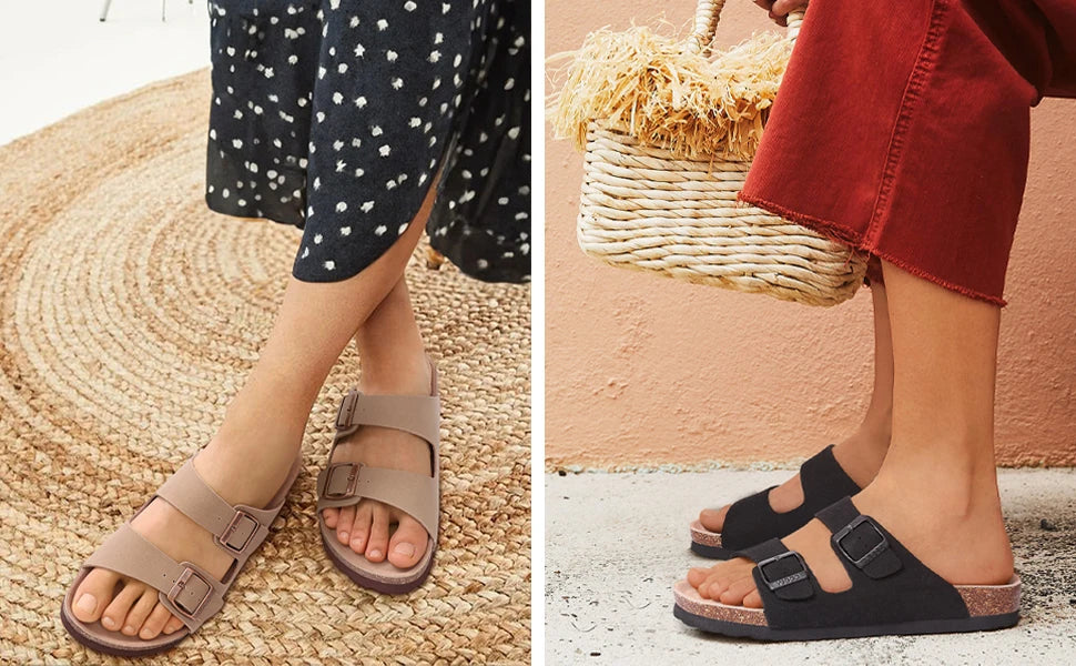 Crestar Women Cork Footbed Slippers Summer Couple Adjustable Double Buckles Flat Sandals Outdoor Cork Beach Slides With Open Toe