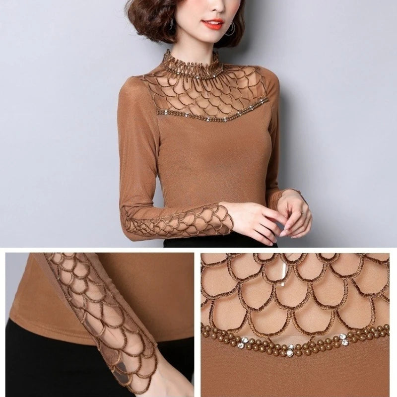 Women's Hollow Out Lace Patchwork Blouse - Long Sleeve Slim Top - photo 3