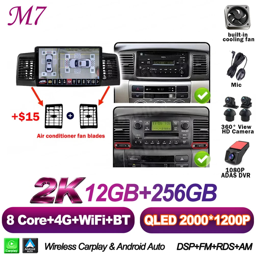 For Toyota Corolla E130 E120 2000-2006 Android 16 Multimedia Video Player  Carplay Touch Screen RDS 8 Core 5G Bluetooth 2din DSP