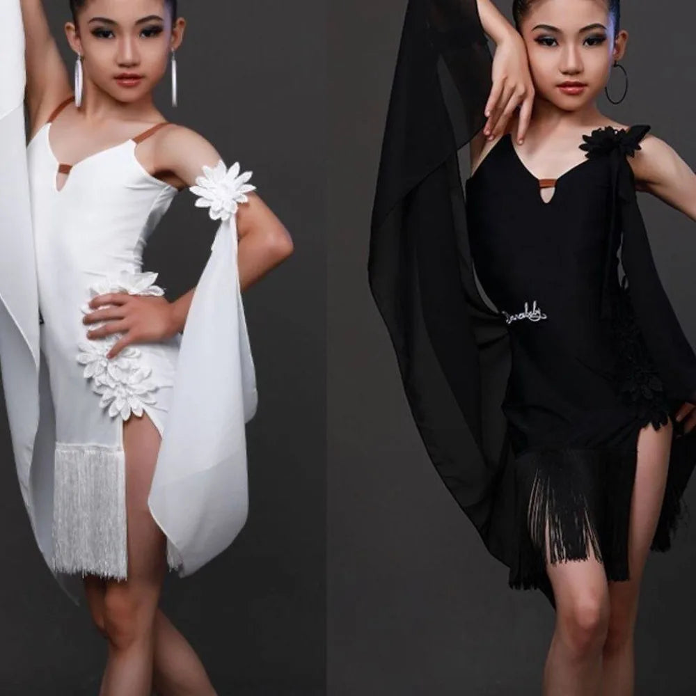 Girls Latin competition dress with fringe skirt