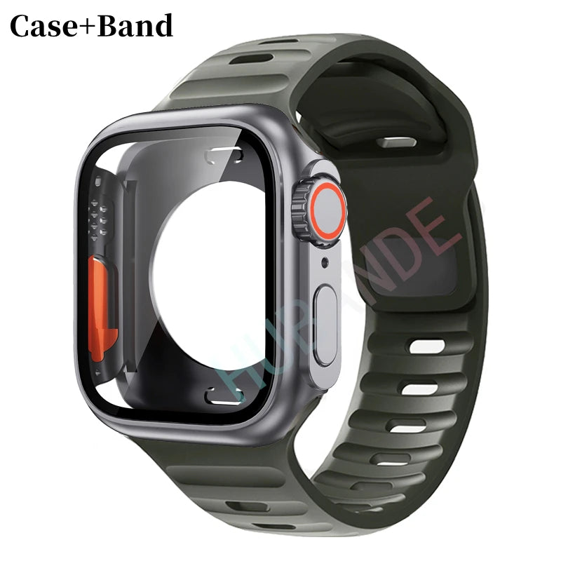 Silicone strap For Apple Watch 44mm 45mm 41mm 40mm Bracelet+Screen protectores Change to Ultra For iWatch Series 9 8 7 SE 6 5 3