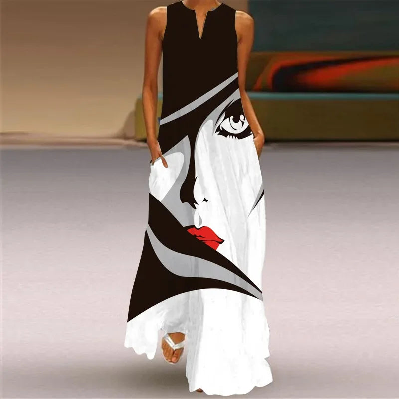 Women's Sleeveless V-Neck Maxi Dress — Vintage Print Loose Sundress with Pockets (Plus Size)
