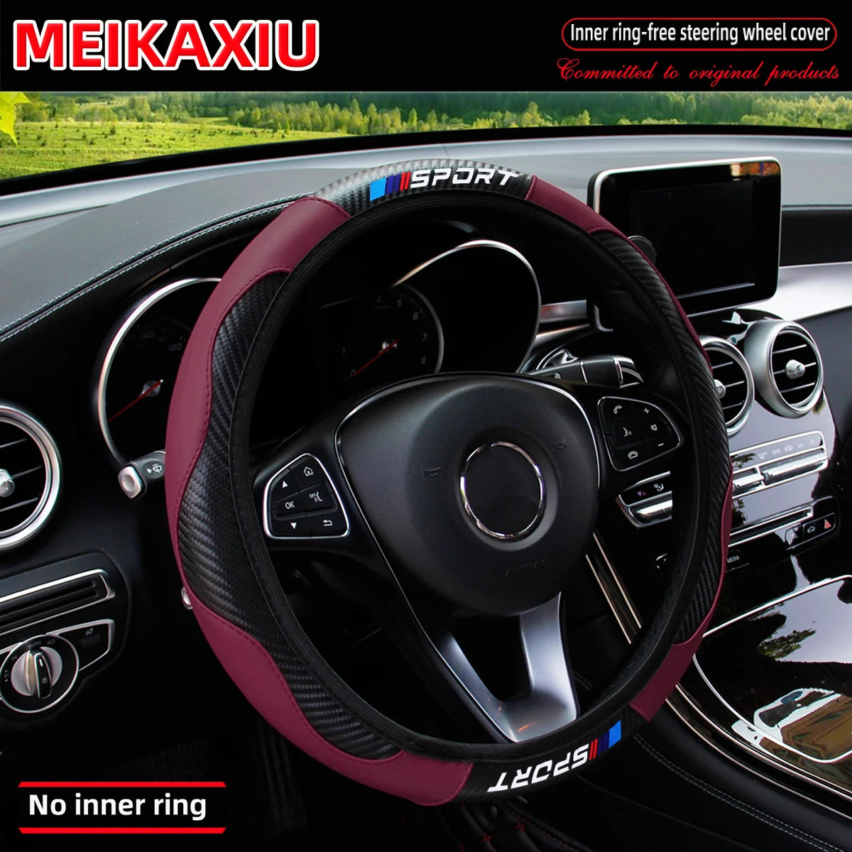 Carbon fiber leather SPORT car steering wheel cover without inner ring, car decoration, suitable for both men and women