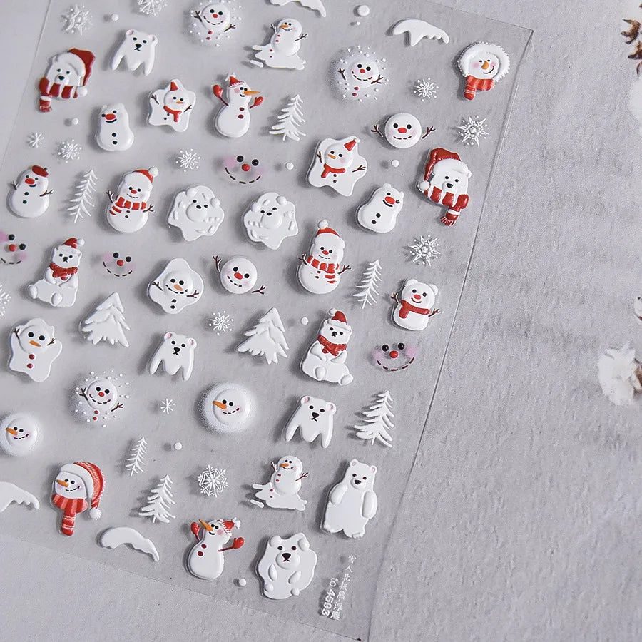 5D Embossed Mini Snowman Snow Nail Decorations Stickers Self Adhesive Nail Stickers Winter Christmas Nail Art Accessories Decals