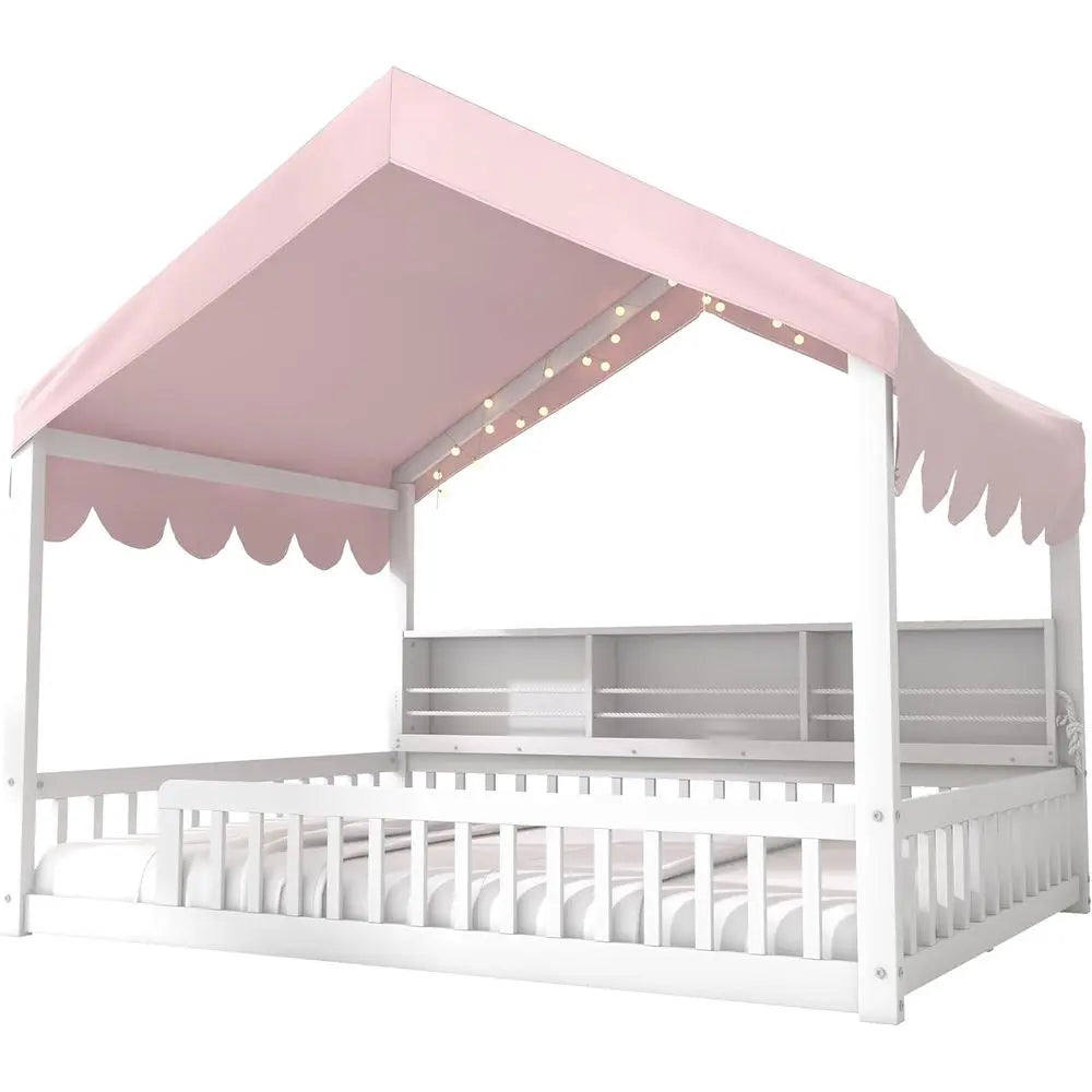 Full Size Wooden Loft Bed for Kids with Stairs, Storage Shelves, Curtain, and LED Lights, White & Pink