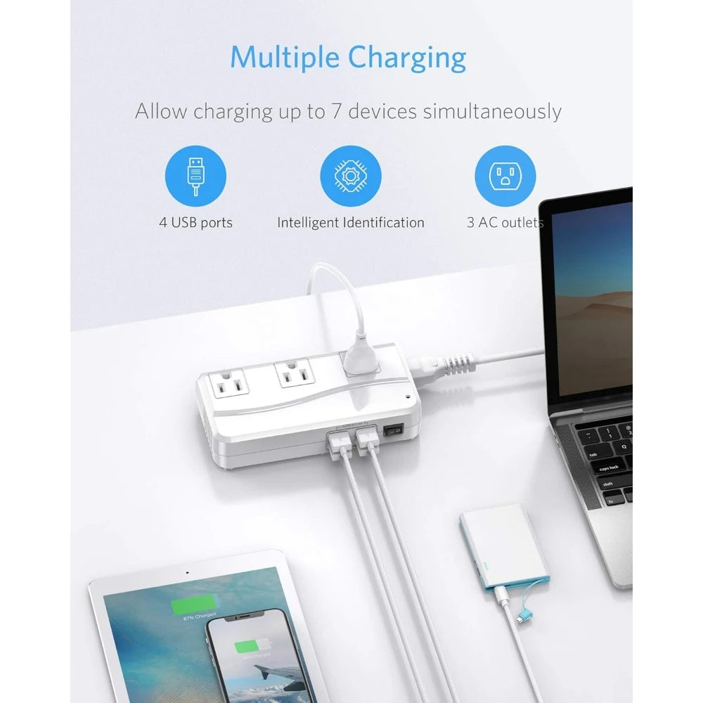 Global Travel Adapter,110-220V to 110V Converter, 250W, 6A 4-Port USB Charger, 3 AC Outlets, Fits EU/UK/AU/US/India Plugs
