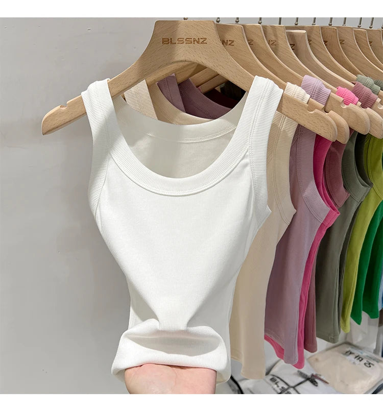 AOSSVIAO Women Solid Round Neck Ribbed Tank Top Camisole Women 2026 Summer Basic Elastic Tank Top O Neck Solid Tank Top