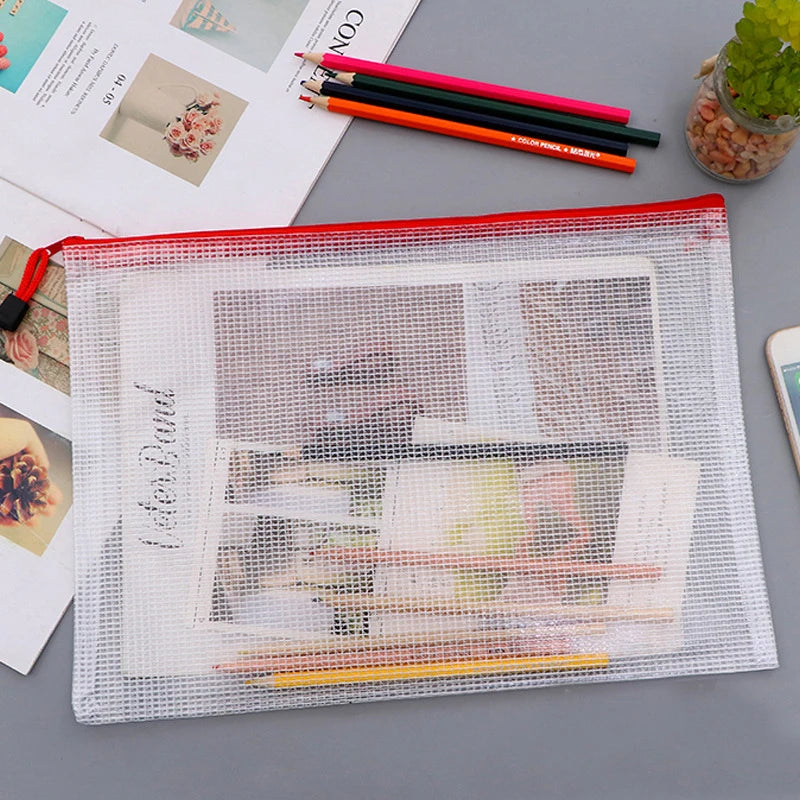 A3/A4/A5 Mesh Zipper Pouch Waterproof Plastic Document Pouch Multipurpose for Travel Storage Office Appliances Home Organize Bag