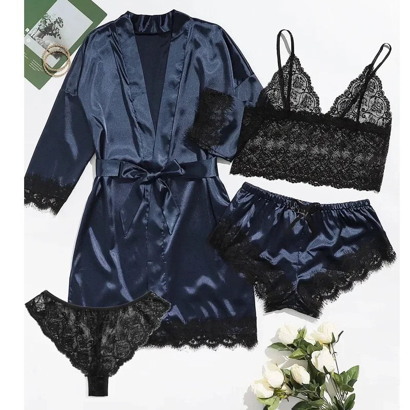 Women's 4-Piece Lace Camisole Pajama Set – Sexy Lingerie Nightgown, Shorts, Robe & Leisurewear | S–XXL (7 Colors)