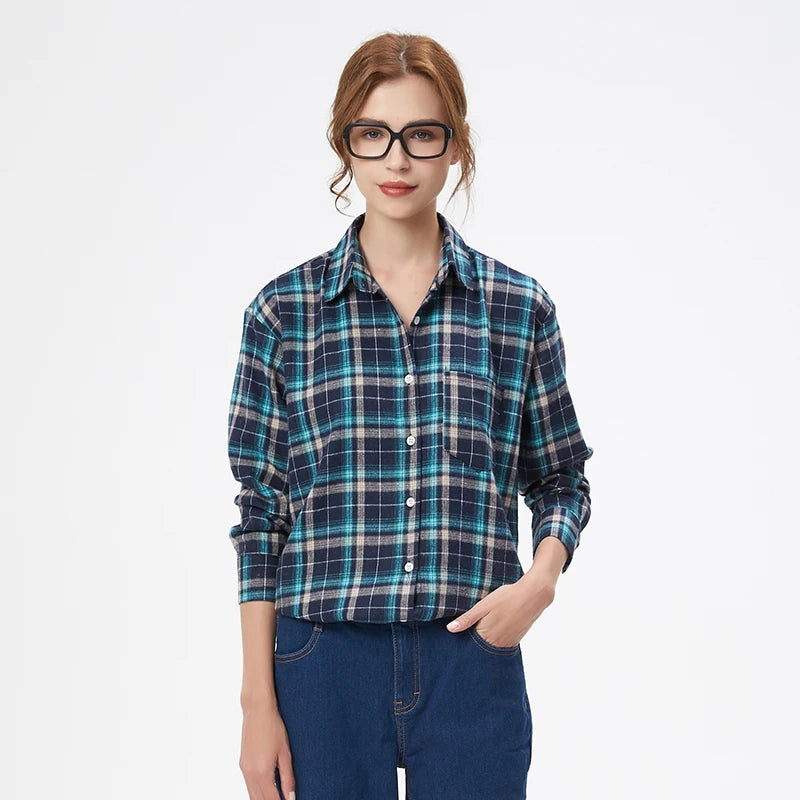 Women's Plaid Long Sleeve Shirt - Loose Casual Button-Up Blouse - photo 17