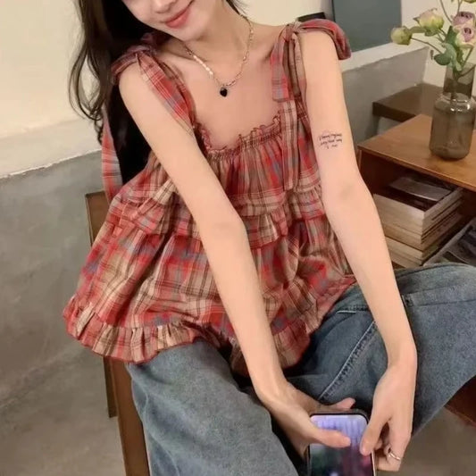 Women's Y2K Vintage Plaid Lace-Up Strap Sleeveless Crop Tank Top – Acubi Japan Green Streetwear