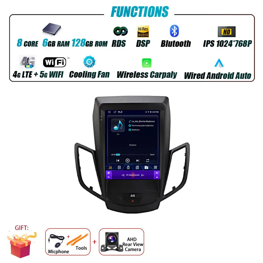 Android 16 Carplay For Ford Fiesta MK7 2009-2016 Car Radio Multimedia Stereo Player WiFi GPS Navigation NO DVD