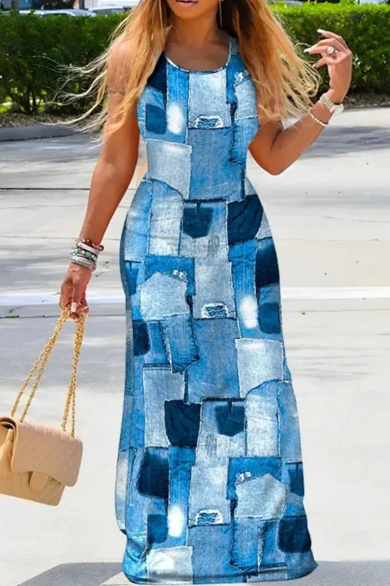 Women's Navy Blue Tie-Dye Halter Maxi Dress with Sleeveless Loose Fit - Boho Chic Summer Vacation Beach Evening Gown for Casual
