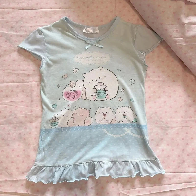 Kimutomo Japanese Petite Sweet Cute Replica Girl Outfit Short Sleeved Top Women Versatile Group Print Butterfly Round Neck