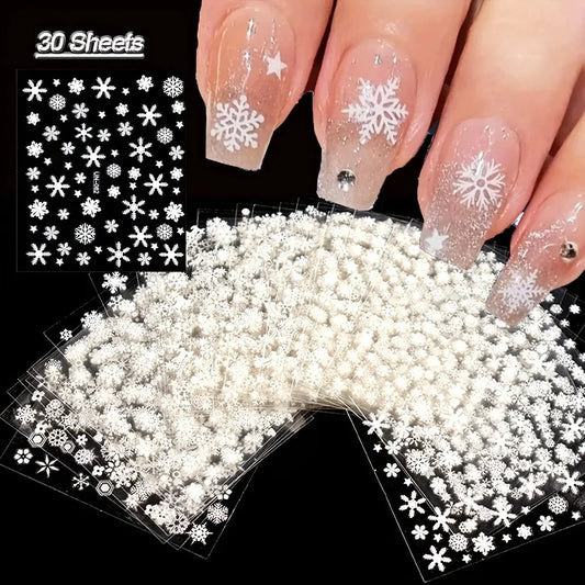 30 Sheet Winter 3D Nail Art Stickers - Cartoon Snowflake and Snowman Decals