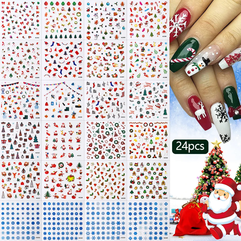 30pcs Christmas Nail Art Stickers Cartoon Holiday Design Santa/Reindeer/Snowflakes Nail Decals Sparkle Festive Manicures & Gifts