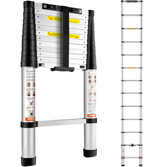 SucceBuy Telescoping Ladder 12.5 FT Aluminum One-Button Retraction Collapsible Extension 375 LBS Capacity w/Non-Slip for Home RV