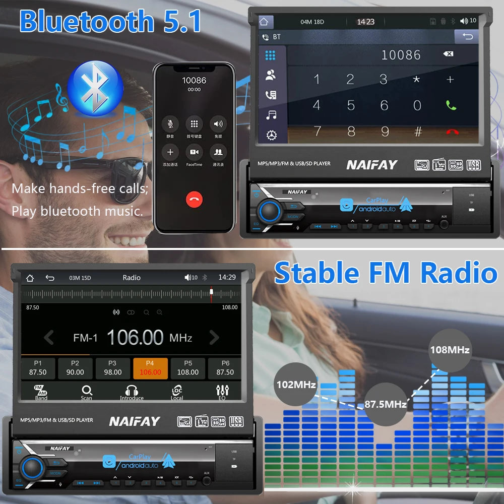 7" 1-DIN Retractable Touchscreen Car Stereo — CarPlay, Android Auto, Rear-View Camera, Bluetooth, USB/AUX/TF