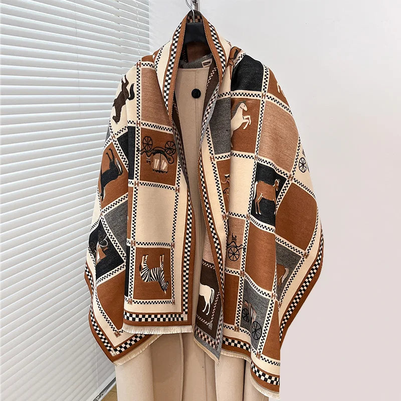 Women's Horse Print Poncho Shawl Wrap, Thick Winter Scarf