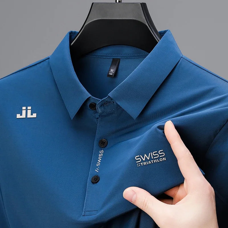 Men's Badge Polo Shirt - Solid Color, Breathable Business Casual