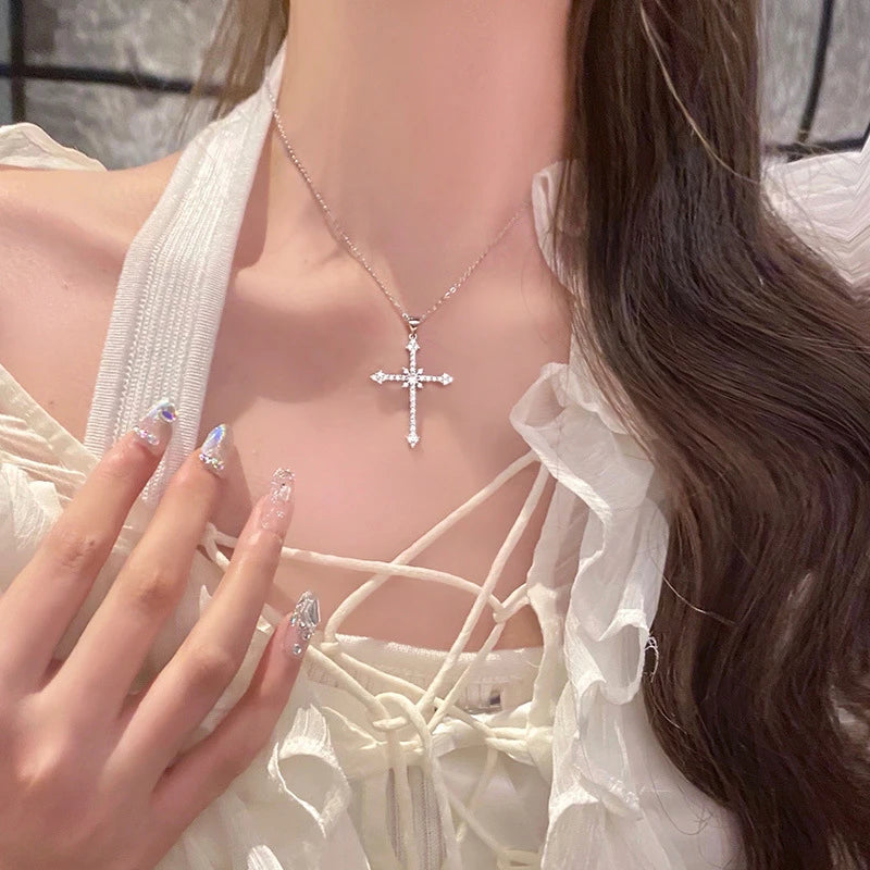 Crystal Zircon Cross Pendant Necklace for Women - Dainty Layering Chain