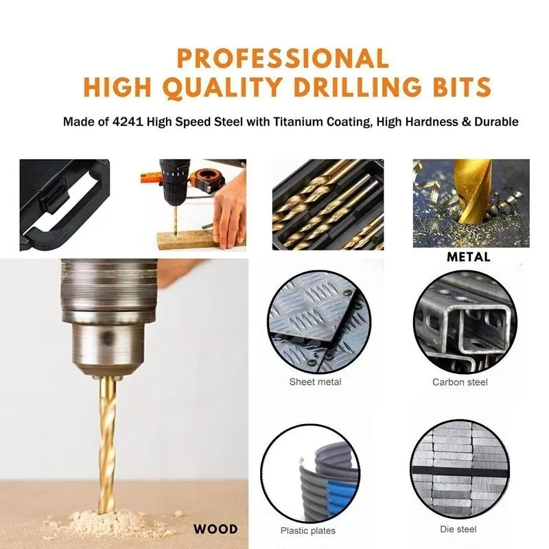 99Pcs HSS High Speed Steel Metric Drill Bit Sets for Drilling Plate Titanium & Hard Metals 1.5-10mm for Woodworking