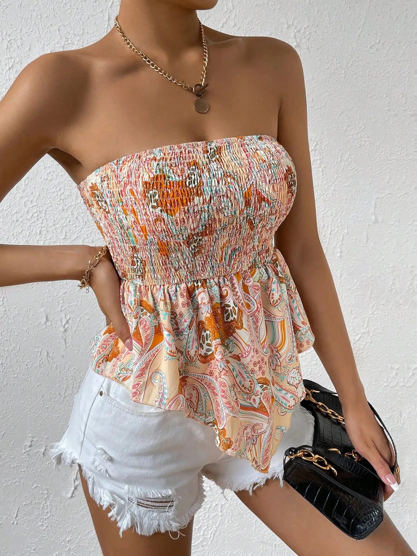 Cross border hot selling for European American women full width printed irregular hem sexy strapless collection summer top