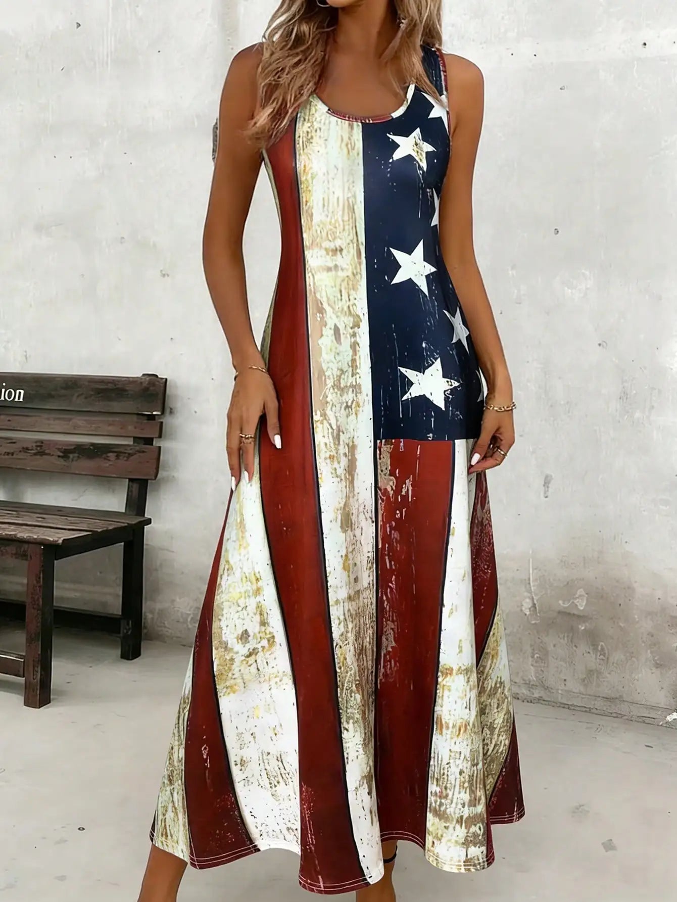 Women's American Flag Print Tank Dress – Round-Neck Summer Sundress