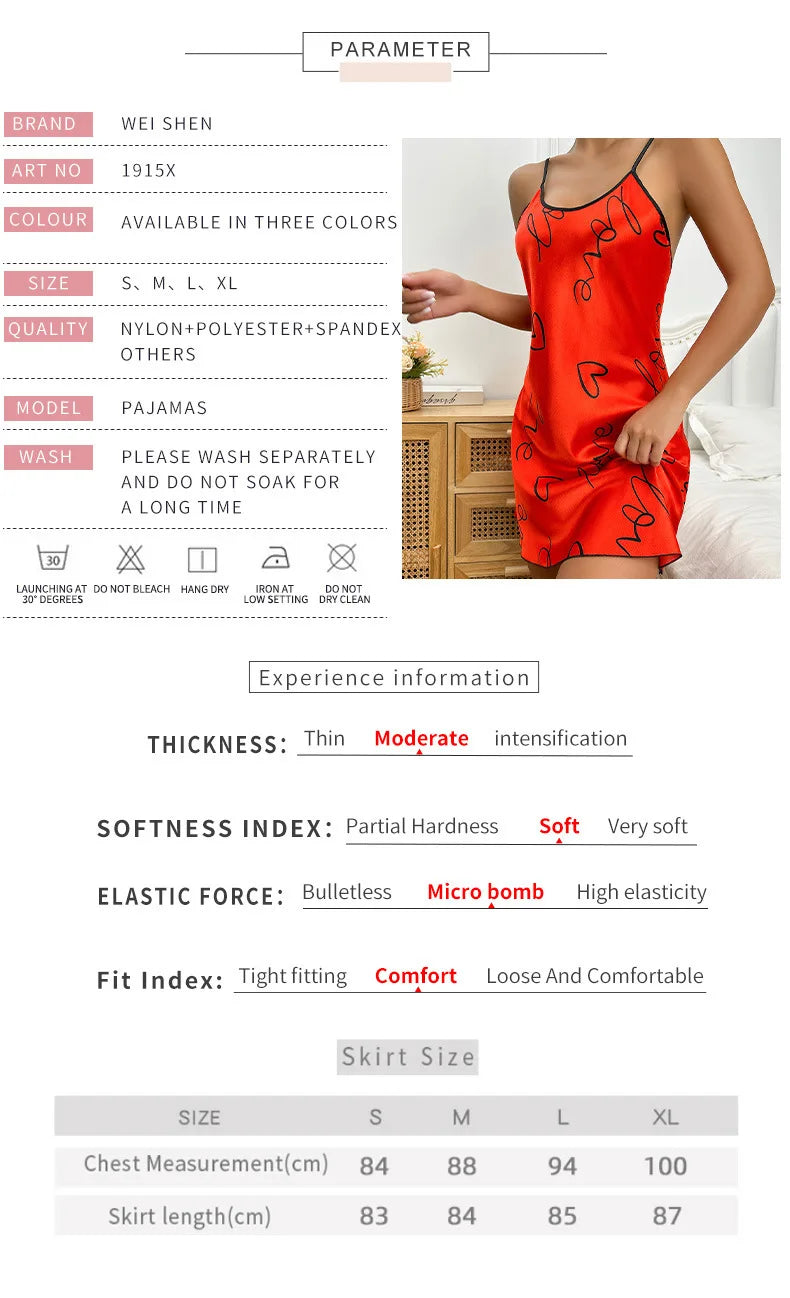 Women's Heart & Letter Print Nightdress – Sexy Sleeveless Satin Slip Sleepwear | S–XL (6 Colors)